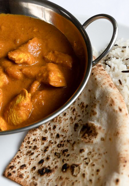Chefs own chicken curry with basmatic rice and naan bread